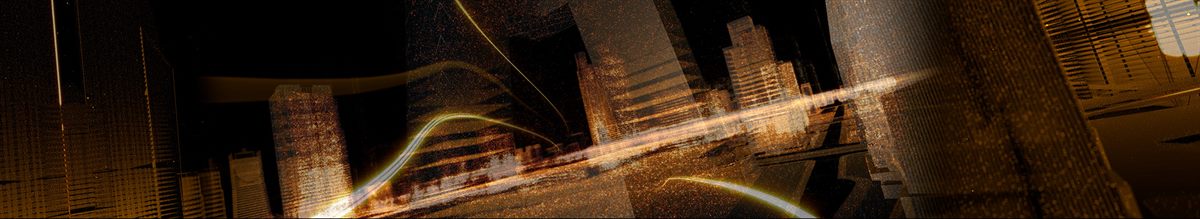Panoramic stage frame — a light-trail bridge sweeping through a golden wireframe city