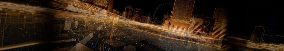 Panoramic stage frame — a golden particle wave rushing through the wireframe city, the Ain Dubai wheel behind