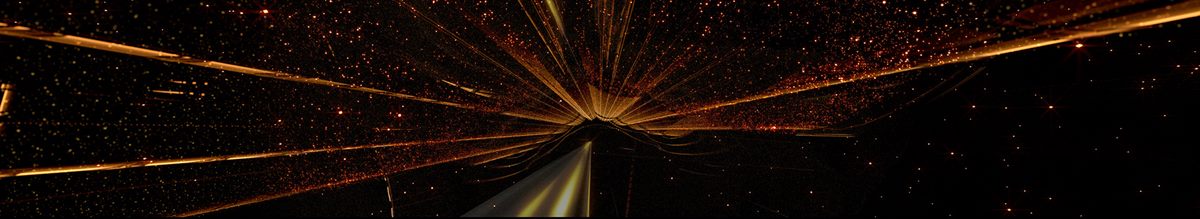 Panoramic stage frame — a burst of golden light-rays from the horizon through a field of ember particles