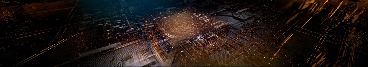 Panoramic stage frame — a glowing processor rising from circuit-board data terrain